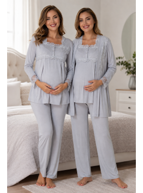 Effortt 2401G Gri Lohusa Pijama Takım Sabahlık
